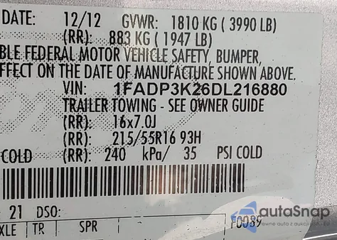 2013 Ford Focus Se из США, поврежденный, VIN 1FADP3K26DL216880